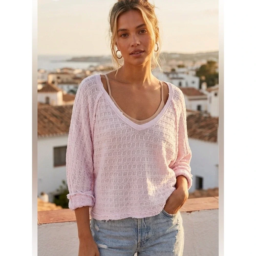 We The Free Free People Pink Waffle Knit Dolman Sweater Raw Hem Boho Extra Small